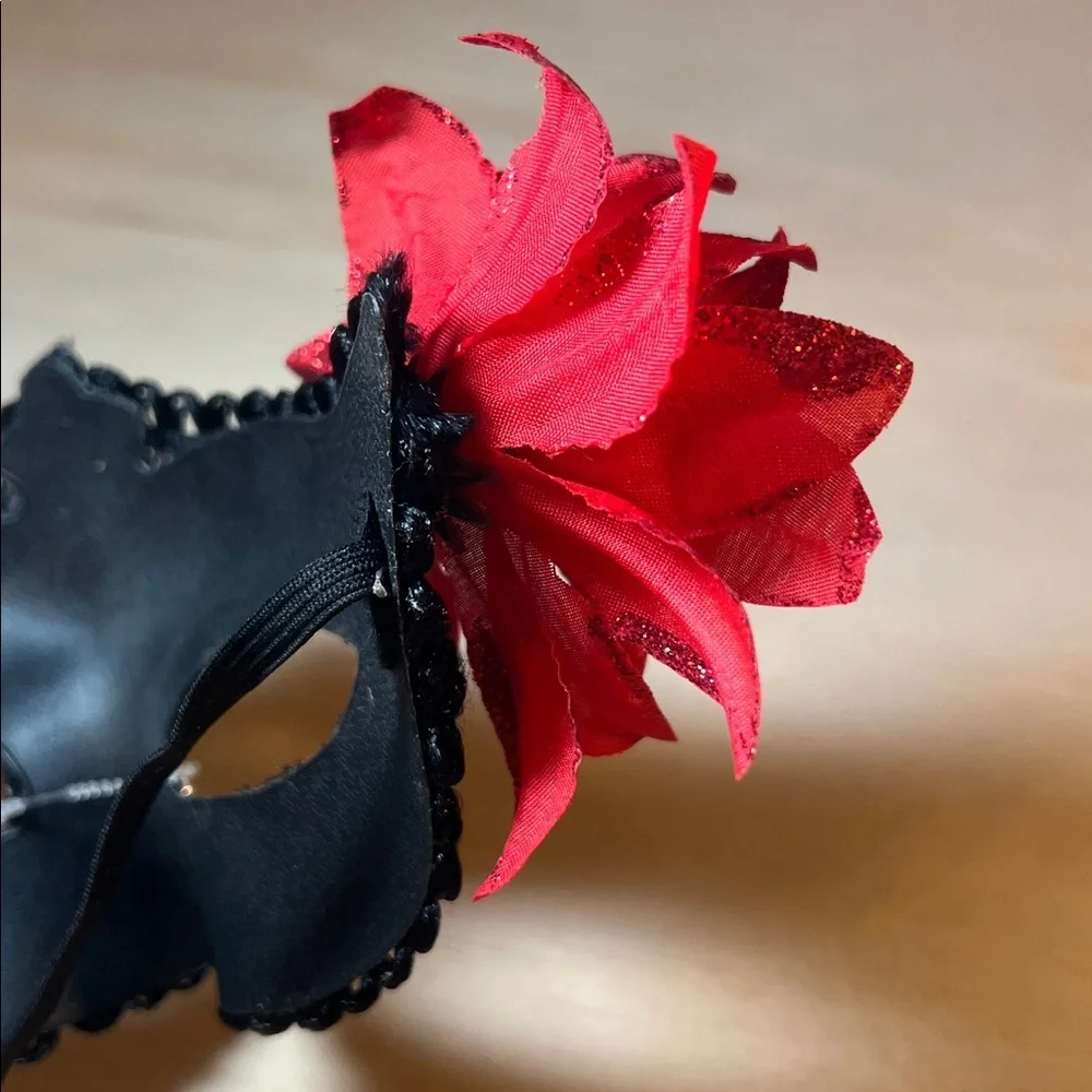 NWT Black Lace Masquerade Mask with Red Flower
